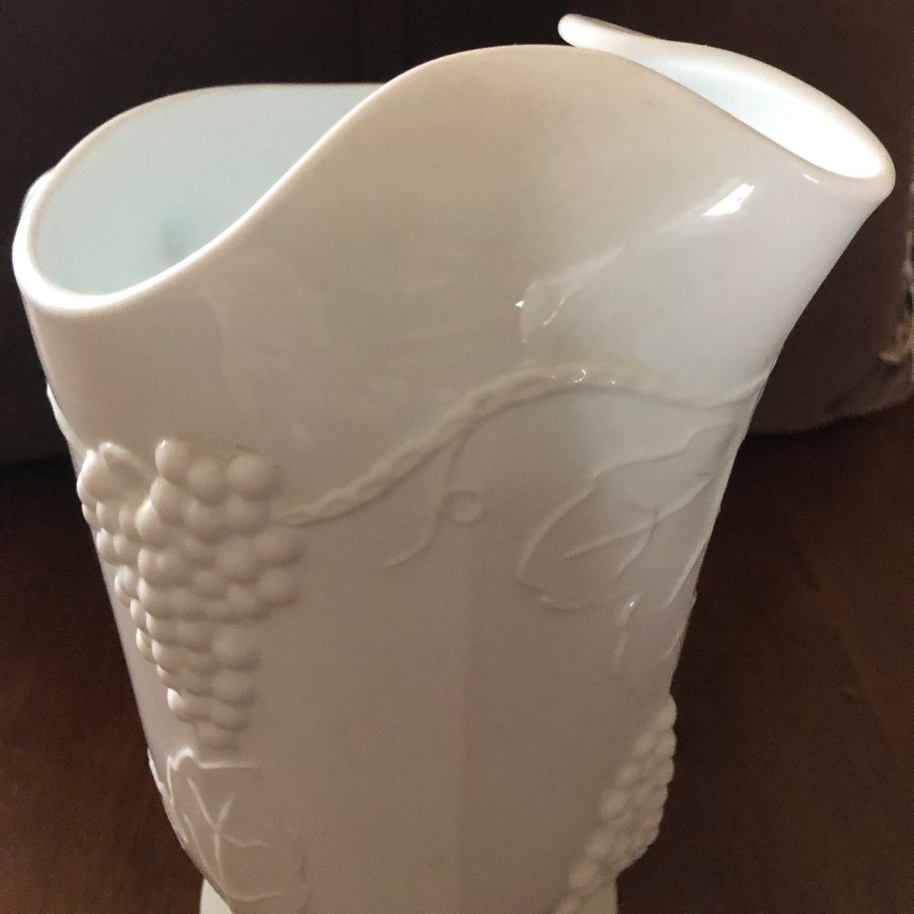 Beautiful Large Milk Glass Pitcher-Grape & Leaf